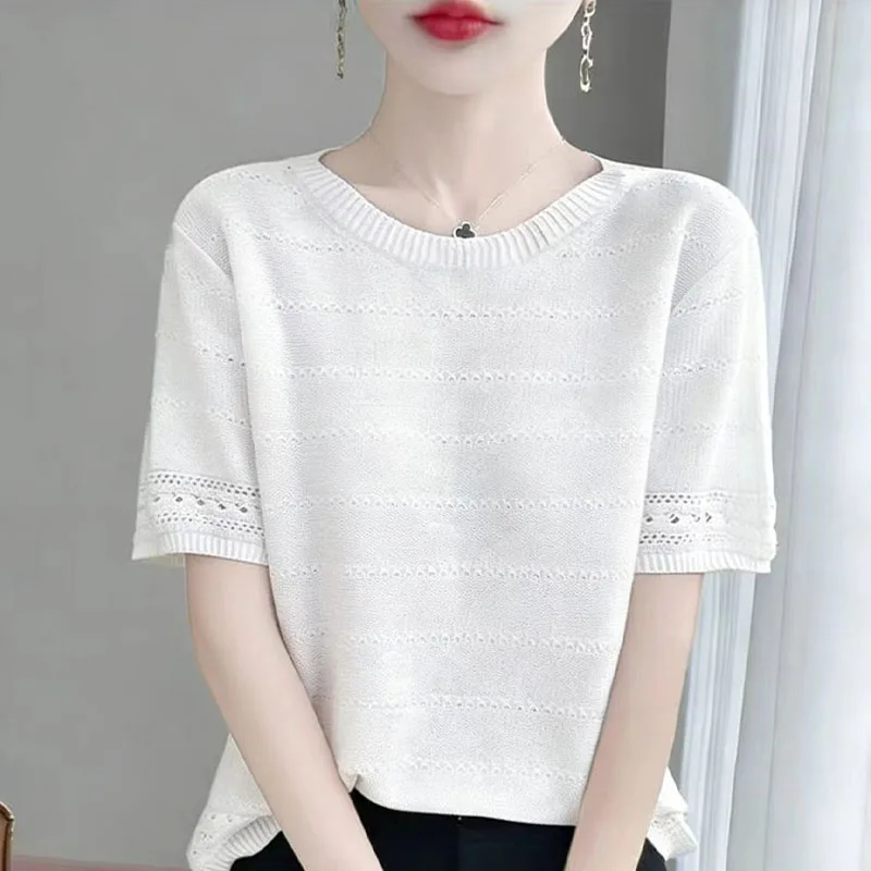 Summer Fashionable Short Sleeve Round Neck T-Shirt Luxury Lightweight Hollow out Knitted Loose Base Top Cover Belly