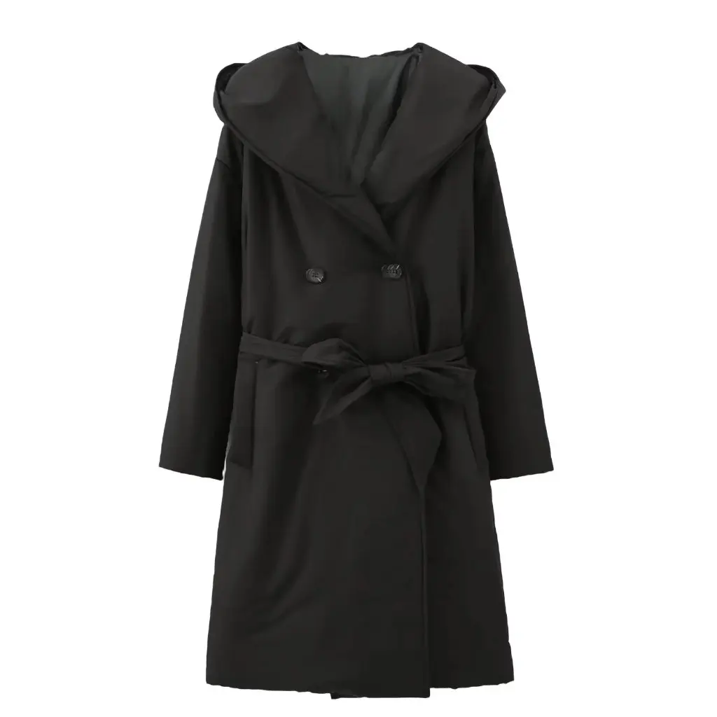 المرأة مزدوجة الصدر معطف طويل مبطّن بالقطن فضفاض مقنعين الخصر الدانتيل متابعة سترة واقية موضة الشتاء ملابس خارجية نمط فتاة ساخنة