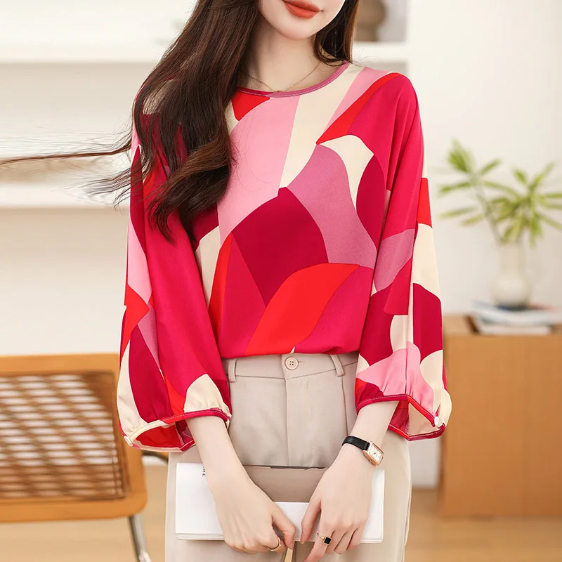 Spring Summer Fashion All-match Three Quarter Chiffon Blouse Women Casual Loose O-neck Printing Shirts Elegant Chic Tops