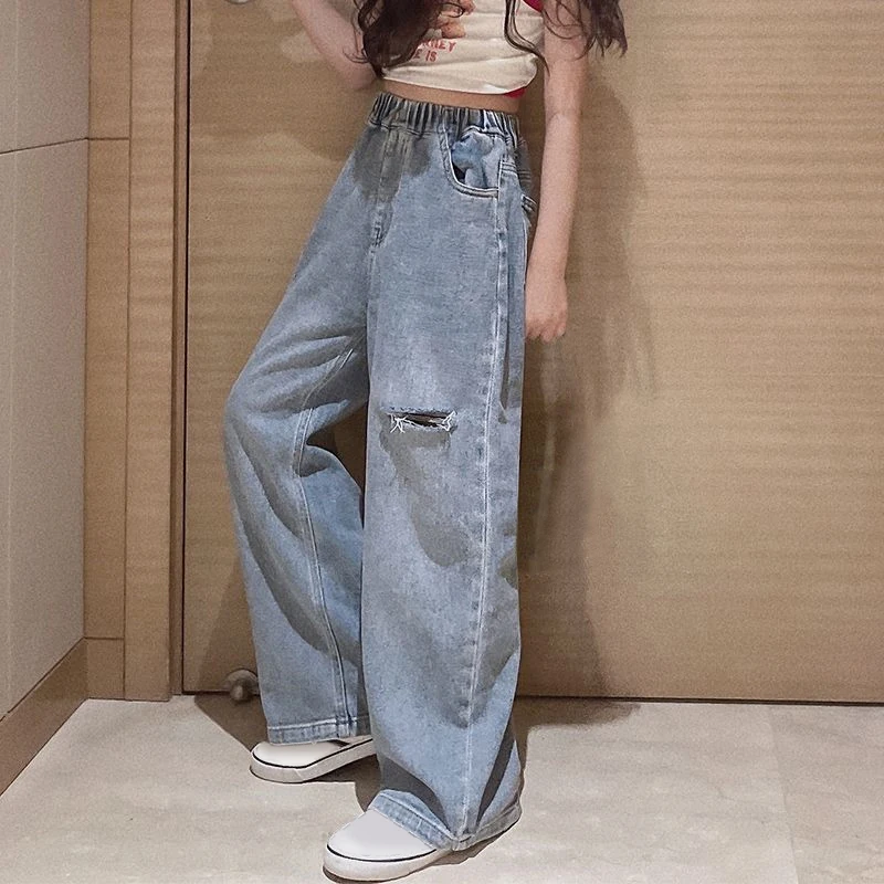 IENENS High Waist Jeans Girl Straight Loose Wide-leg Pants Spring and Autumn Korean Baggy Jeans Fashion Kids Denim Trousers