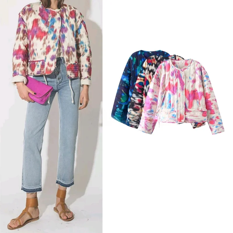 

Spring New Women's Long Sleeve round Neck Tie Dye Print Casual Short Warm Outerwear Commute Style Loose Fit Single Button