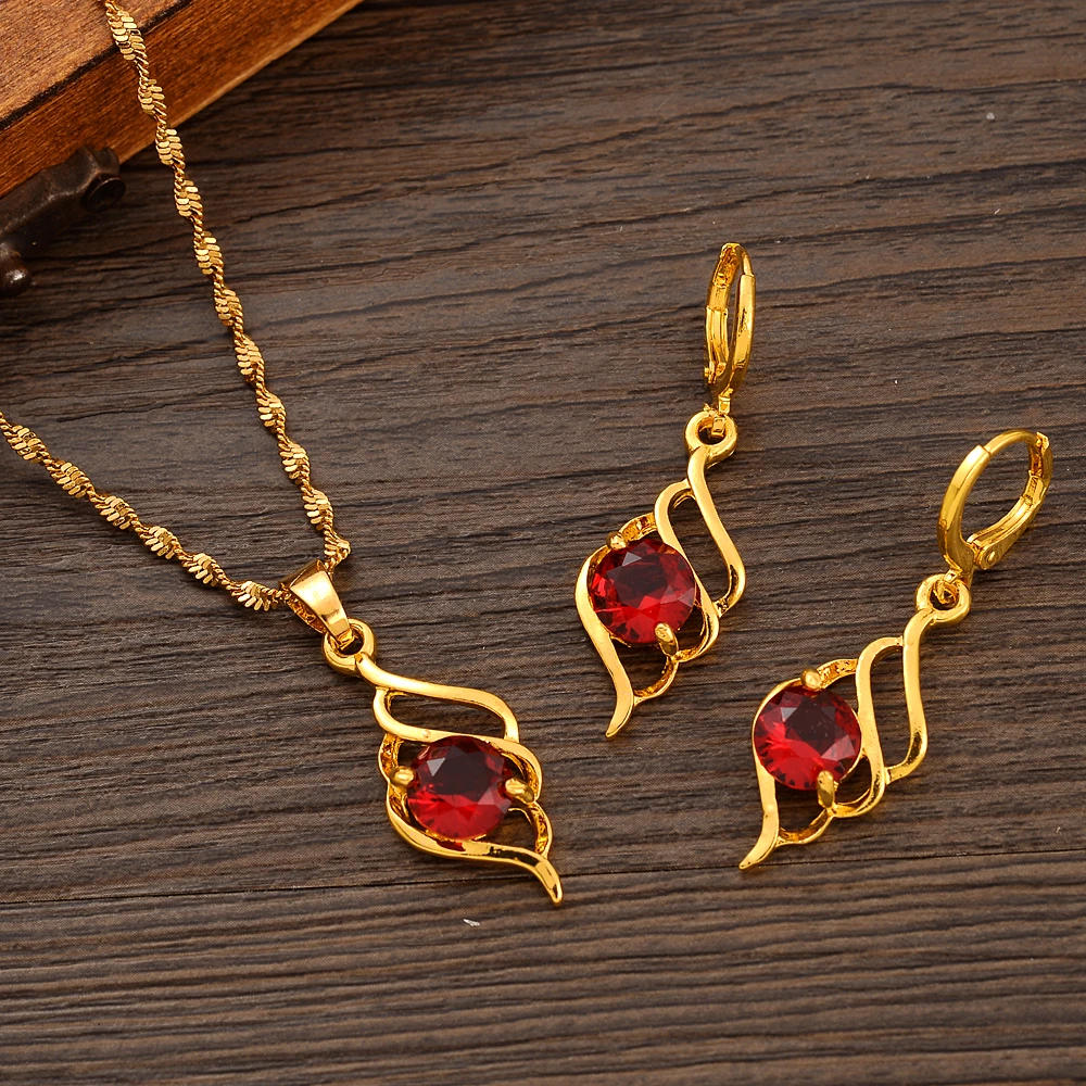 Gold Color Necklace Earring Dubai Jewelry Sets Red Zircon Party Gift Charms For Women