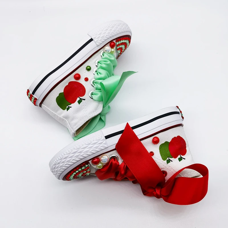 Red And Green Theme Kids Canvas Shoes DIY For Girl Communion Shoes Dollbling Handmade Bling Sneakers Birthday Gift for Kids