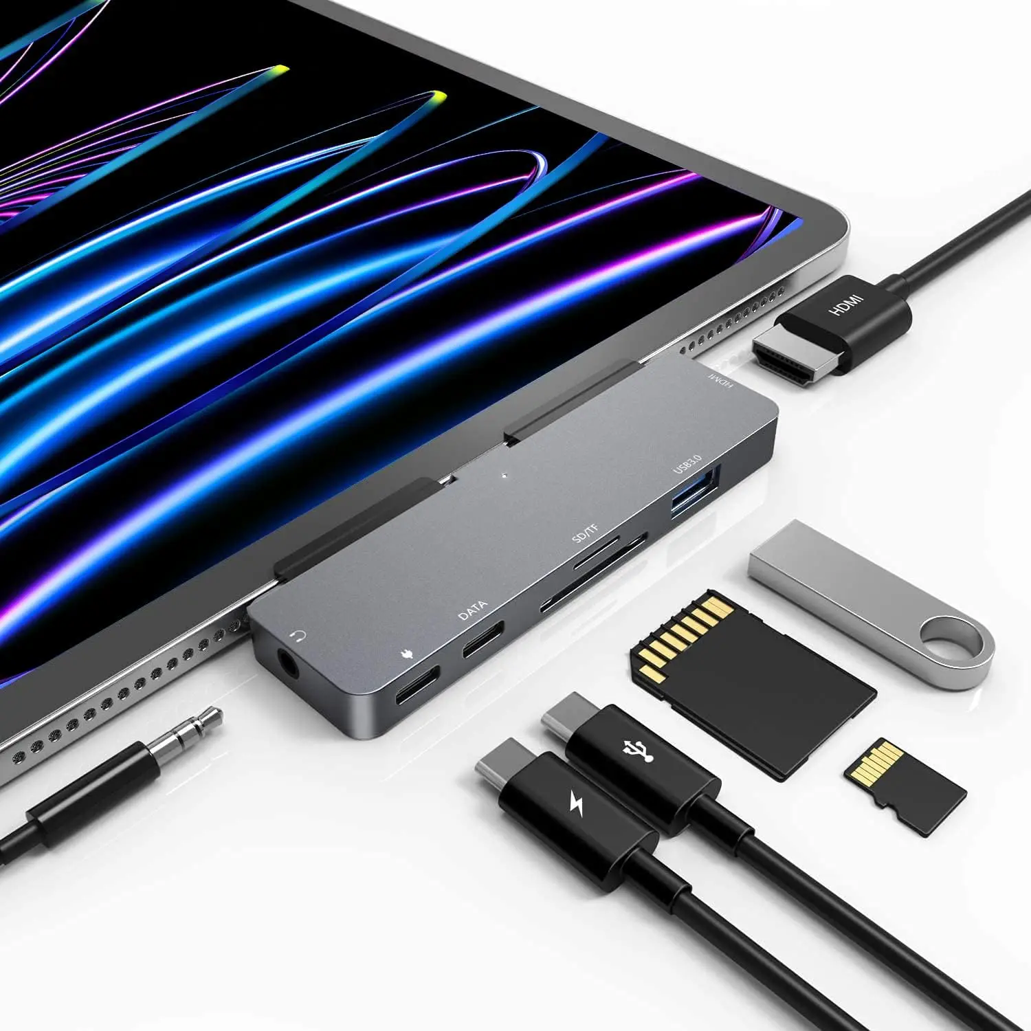 

7-in-1 Hub for iPad Pro M4/M2/M1 (11/12.9/13-inch) & Air 5/4 with 4K HDMI, USB-C PD charging, SD/TF card readers, USB 3.0, 3.5mm