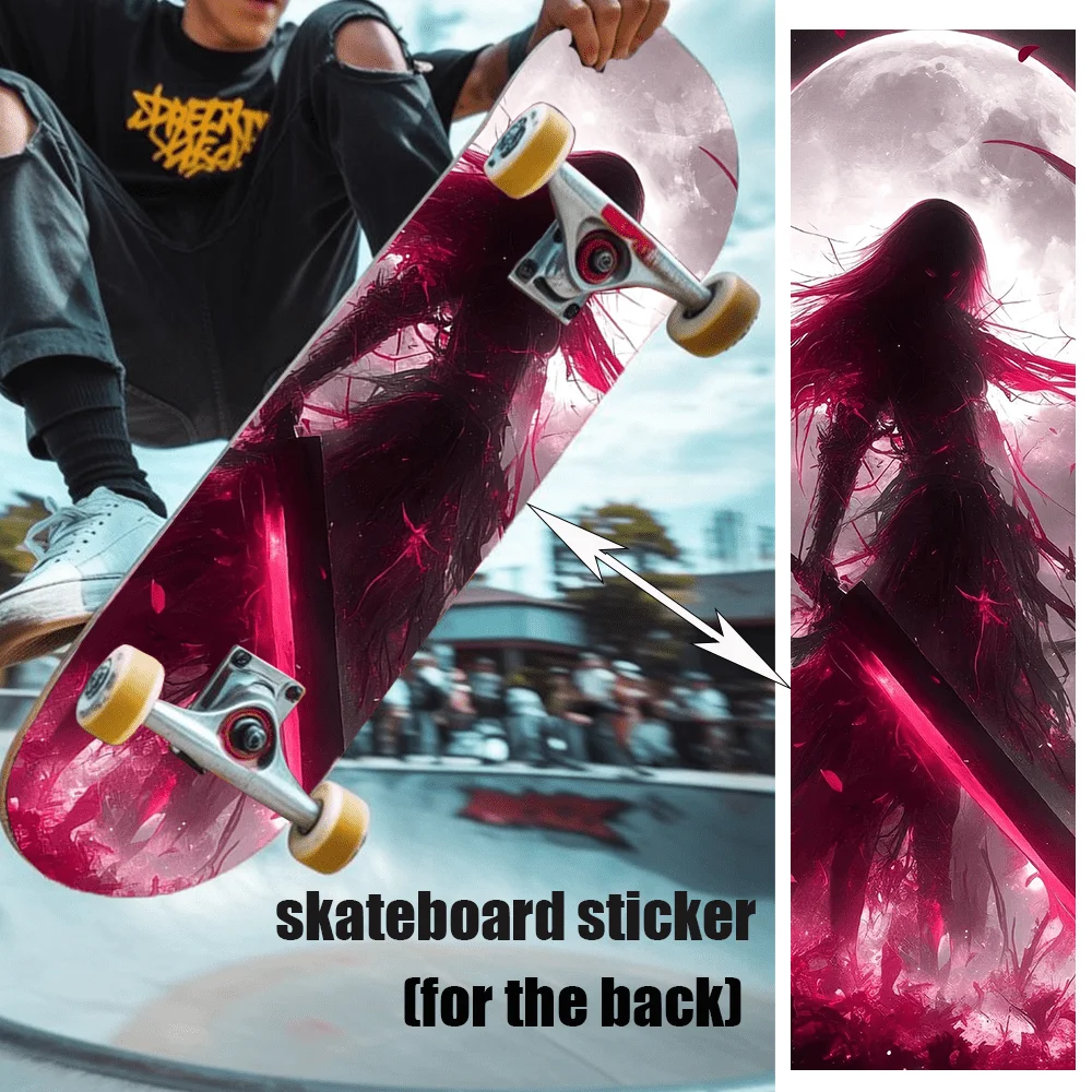 

1 9 × 33 inch "Trendy Cool Mysterious Character in Red and Black Under the Full Moon" Themed Printed Skateboard Back Sticker