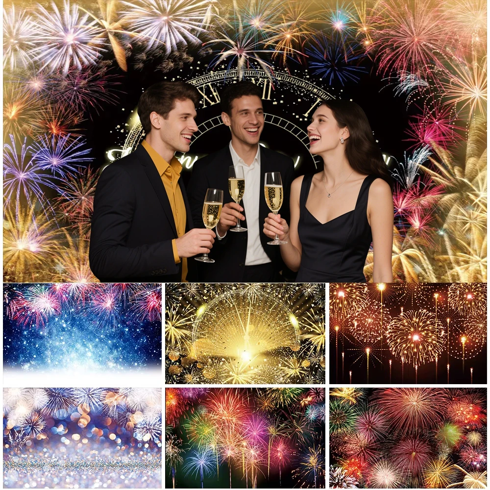 Laeacco 2026 سنة جديدة سعيدة الألعاب النارية خلفيات للتصوير الفوتوغرافي الشمبانيا المنزل حفلة راية الديكور عيد الميلاد خلفية الصورة