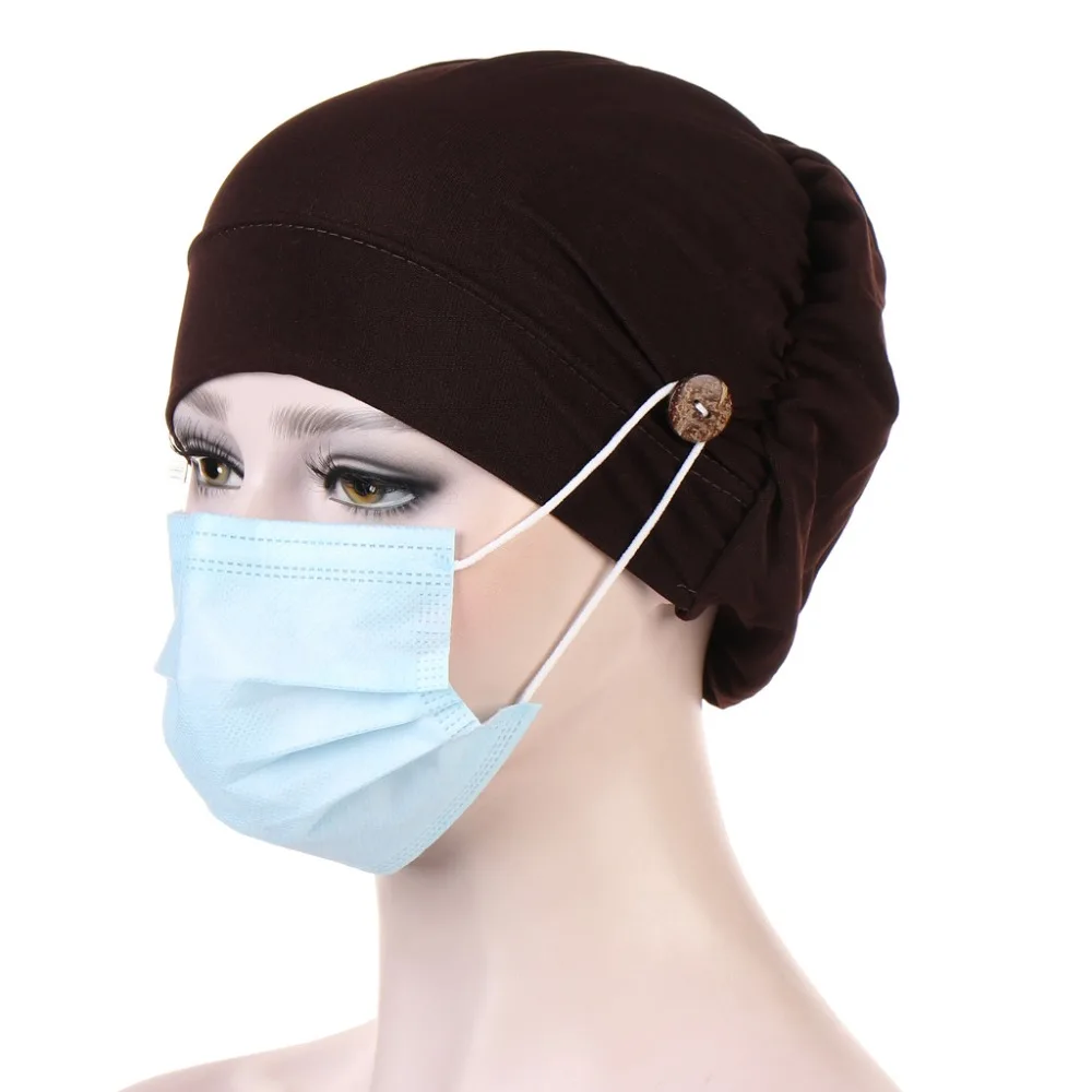 New Design Fashion Muslim Solid Color Turban with Button Multicolor Chemo Cap Women Ear protection Hair Accessories