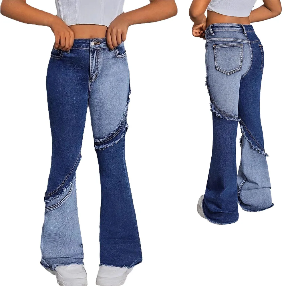 

Модные джинсы для девочек-подростков, эластичные джинсовые брюки, винтажные расклешенные джинсы, потертый дизайн в стиле ретро, одежда для девочек, бутик больших размеров