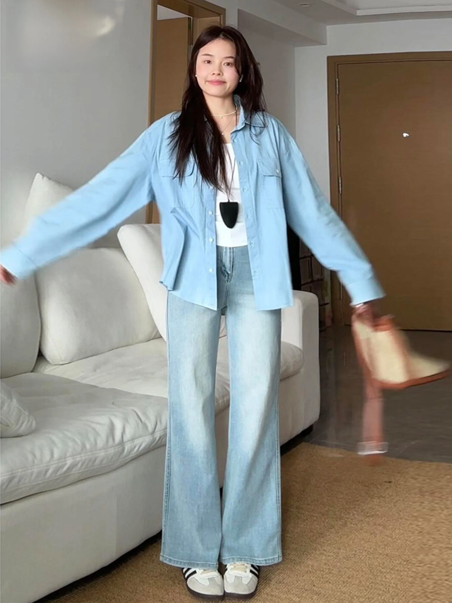 

High Waist Bell Bottom Denim Jeans Women's American Style Washed Summer Slimming Loose Fit Jeans Casual Soft Denim