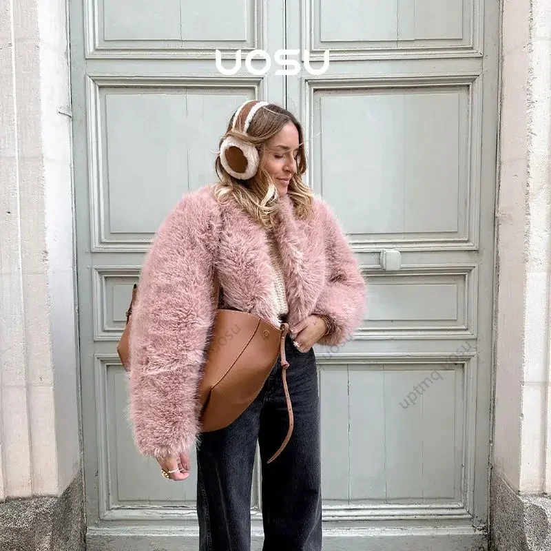 

Pink Cropped Faux Fur Coat Women Jacket Iconic Stunning Vibe Parka Outwear 2024 Fashion Fuzzy Winter Clothes Brand Outfit