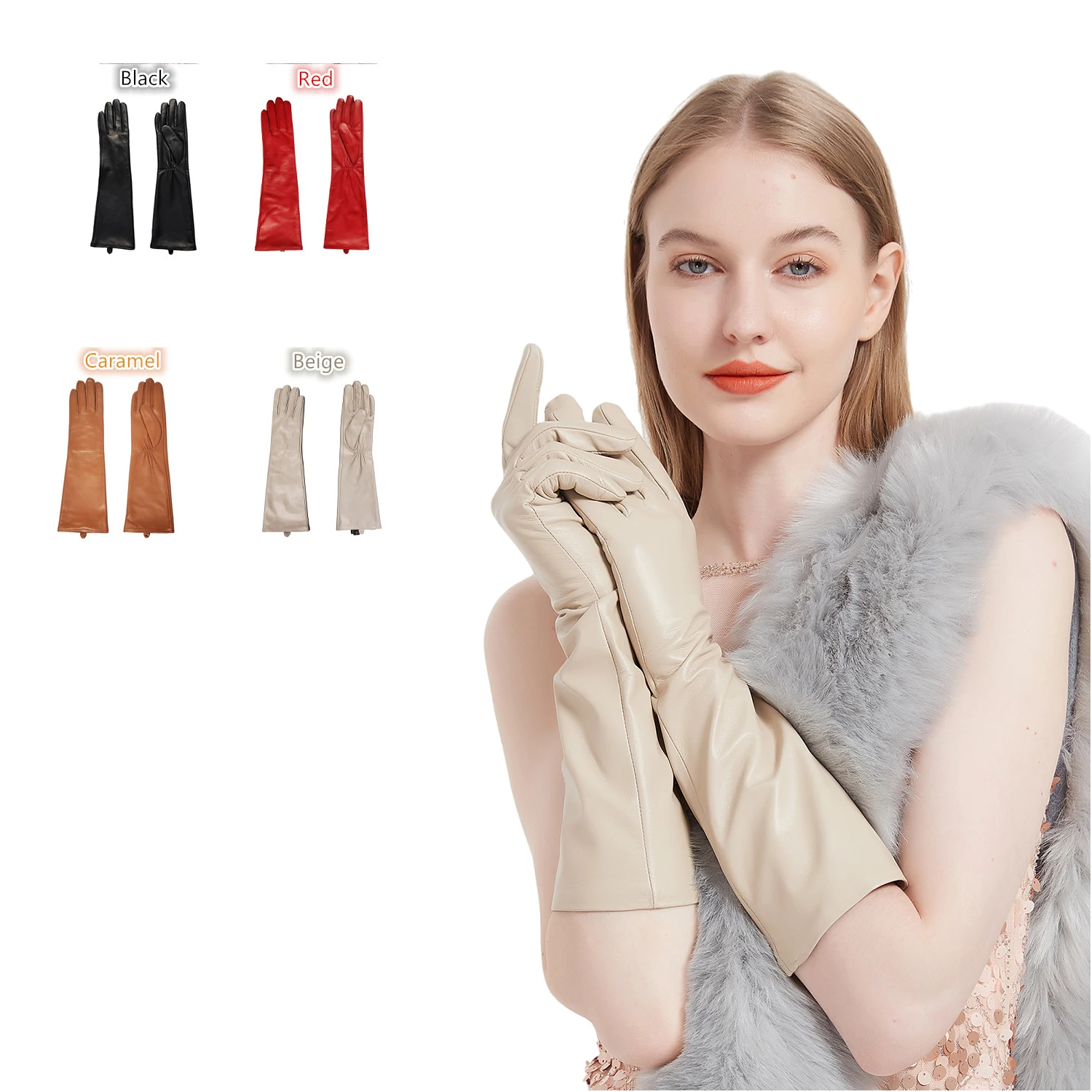 

Touch Screen Gloves Under Elbow Long Lambskin Sheep Leather Gloves Beige Black Red Camel