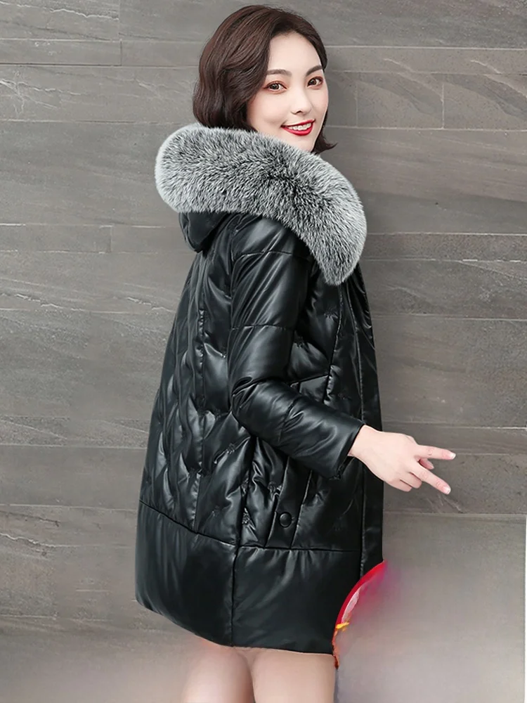 

Ning Genuine Leather down Jaet Women's ort Loose Korean Sle Slimming Small Size eepskin Fur Collar Coat