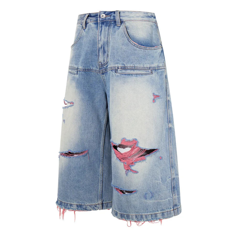 MWJLPWQ Ripped Whiskered Cropped Jeans For Men Trendy Punk Retro Washed-Out Summer Loose Straight Shorts 2026 Summer New 17458