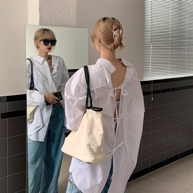 Back Lace Up White Shirts Women Camisas De Mujer Loose Lazy Two Wear Wild Blusas Moda 2024 Casual Top Simple