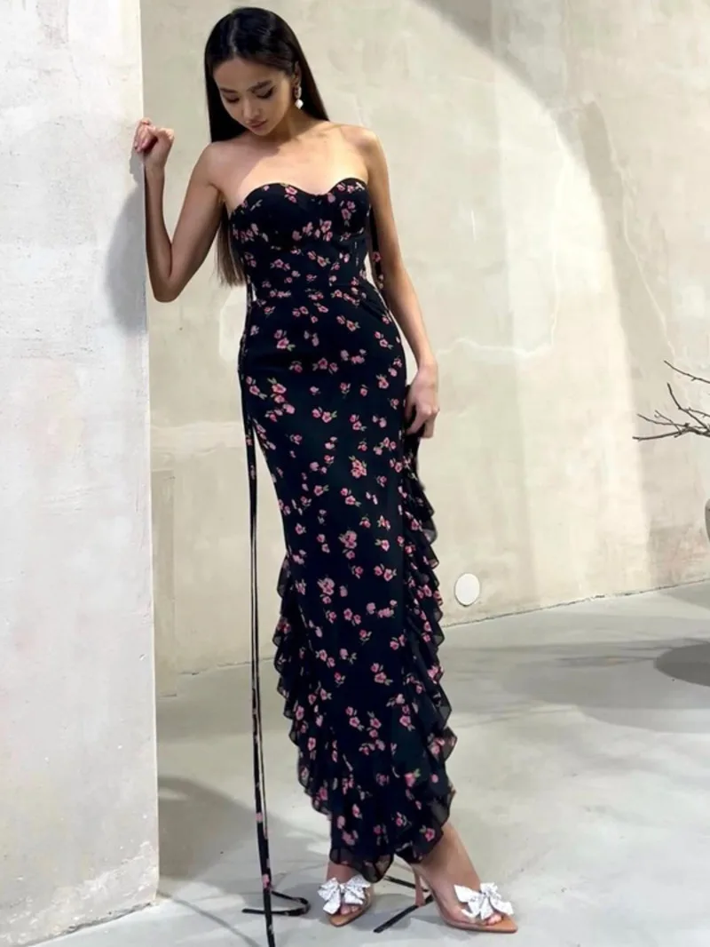 Floral impressão desliza sem costas rendas até babados irregulares sexy magro elegante maxi vestido de verão roupas femininas festa aniversário 5k6a