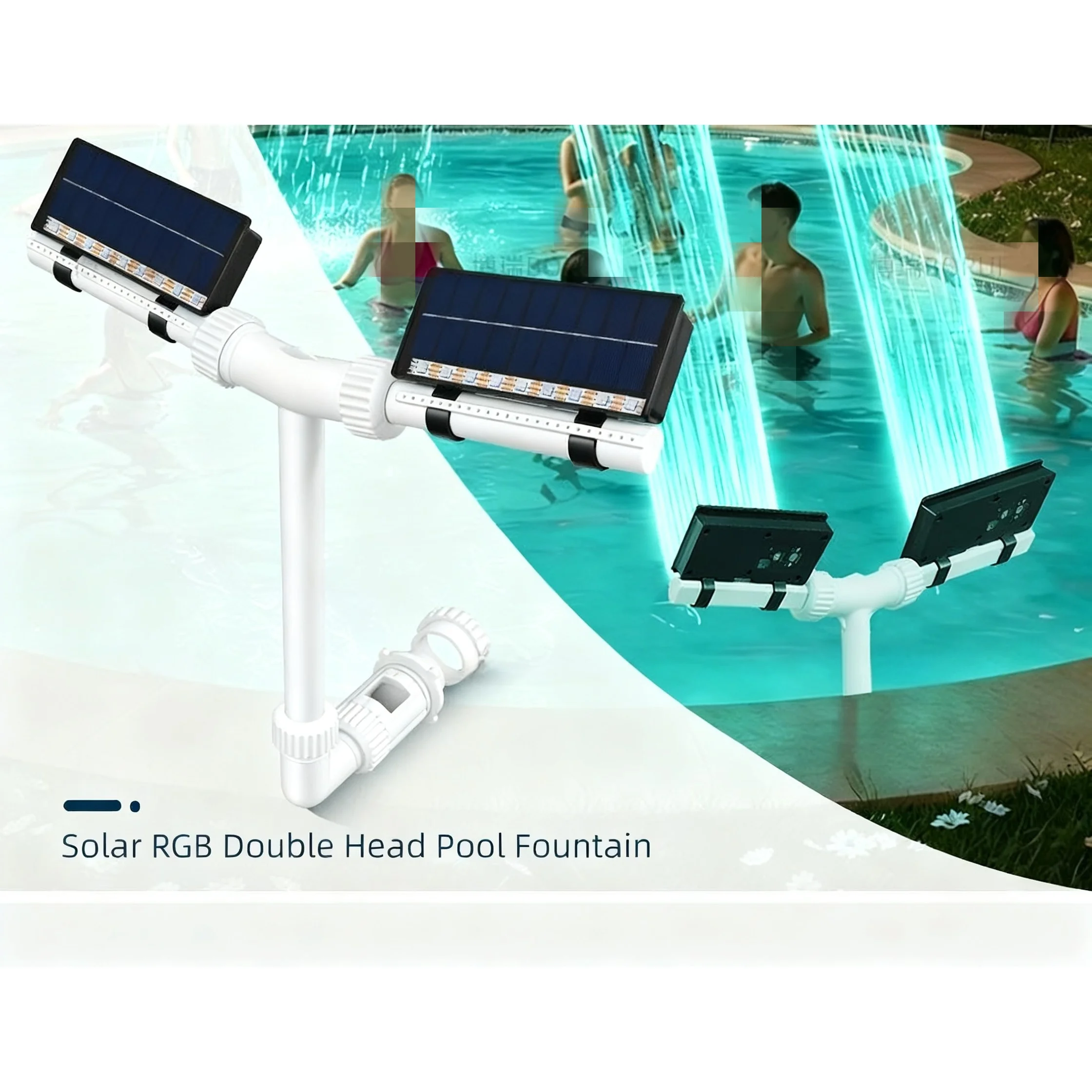 Outdoor Solar Powered Pool Fountain with Dual Nozzles RGB LED Lighting Remote Control and App Support for Inground Pools