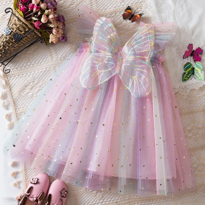 2026 Toddler Kids Baby Girl Tulle Dress Flying Sleeves Sequin Star Dresses for Girls Princess Butterfly Wing Party Sweet Clothes