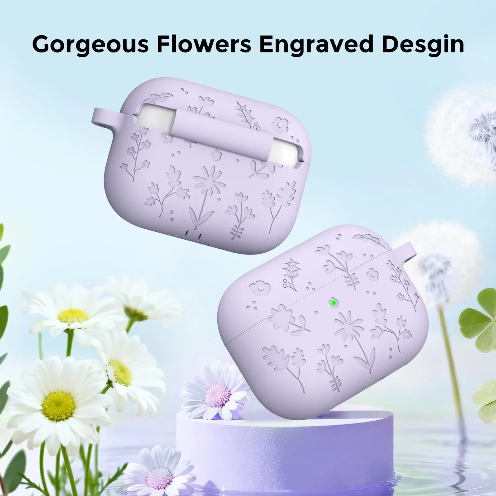 for AirPods 4/Pro 3 Flora Engraved Design Case for AirPods 4 Cover Protective Silicone flower with Keychain for Airpods Pro 3/4