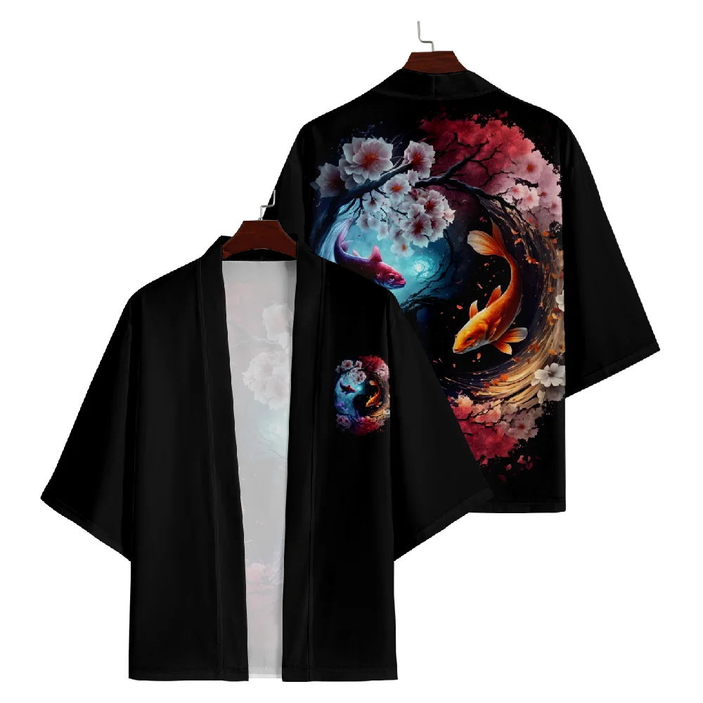 Fashion Japanese Tai Chi Gossip Fish Print Kimono Japanese Traditional Men Women Cardigan Haori Shirt Streetwear Samurai Tops