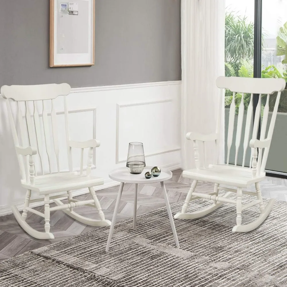 Outdoor Wood Rocking Chair Set of 2 - Patio Rocking Chair with Rubber Wood Frame, Slat Back, Outside & Indoor Rocker for Garden