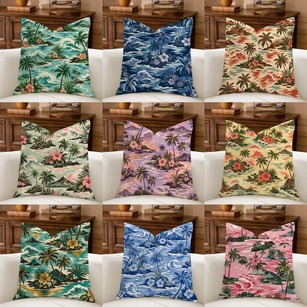 Vintage Hawaiian Surf Palm tree Cushion Cover Natural Breathable Durable Linen Printed Decor Pillow Case Sofa Bedroom