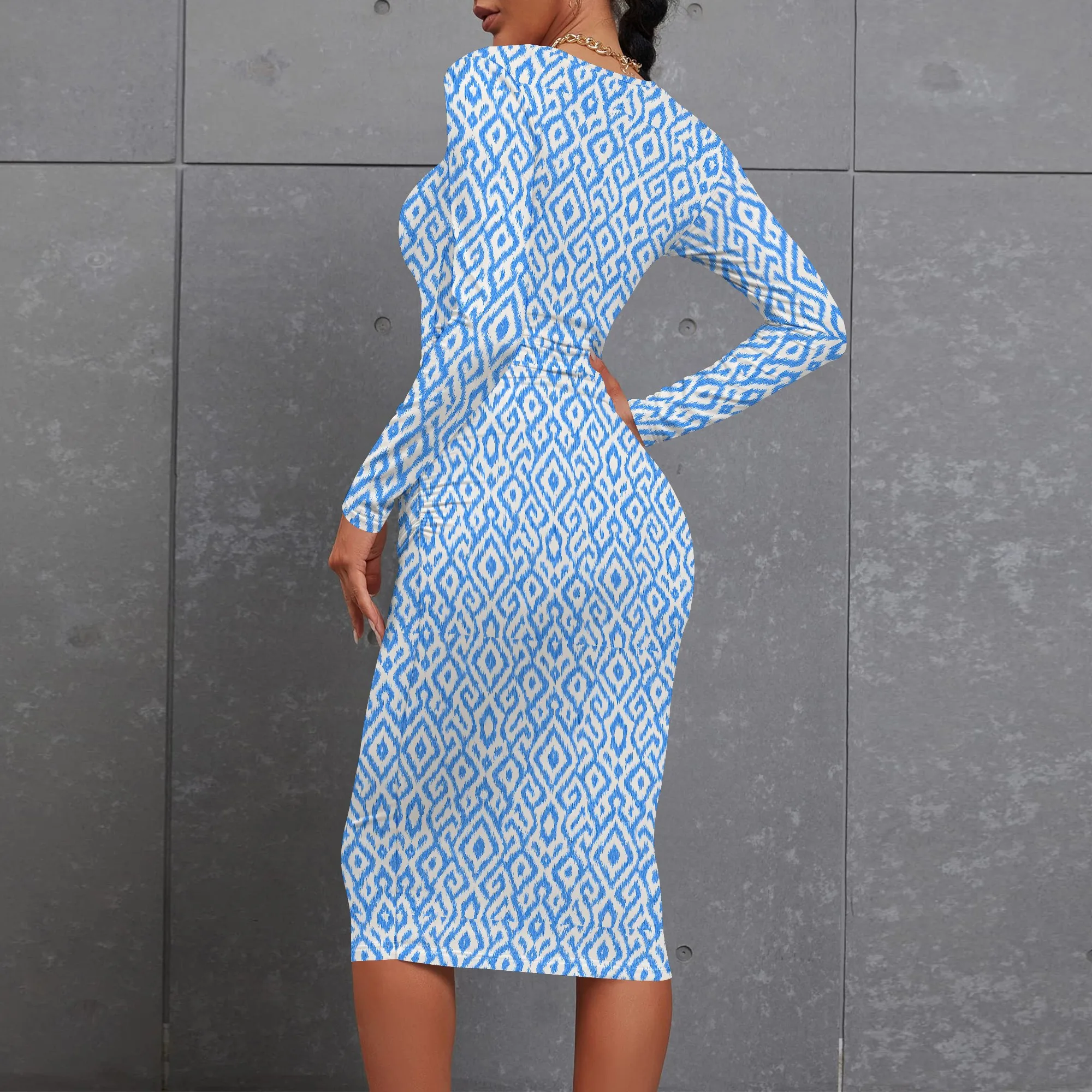 Women's Casual Ruched Basic Pencil Midi Dress Elegant Crew Neck Long Sleeve Club Dress Sexy Slim Party Cocktail