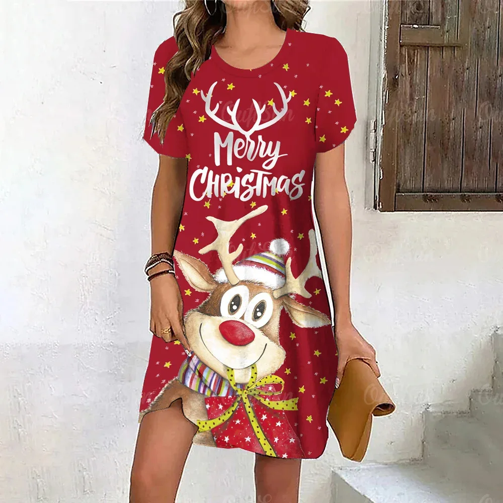 

Fashion Cartoon Christmas Deer Pattern Women Mini Dresses Short Sleeve 3d Print Street Ladies Christmas Dress 3XL Big Size Dress