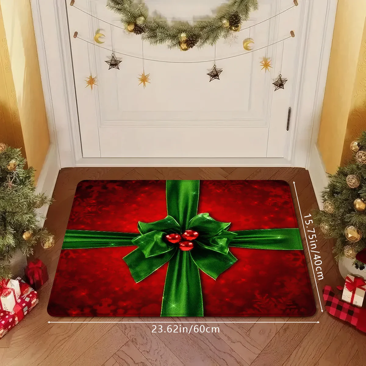 Red Green Garland Holly Berry Christmas Doormat Non Slip Washable Mat For Entrance Bathroom Kitchen Holiday Home Decor