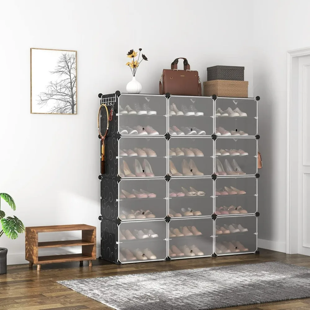 

Shoe Rack Organizer Shoe Cabinet, Expandable Free Standing Stackable Space Shoe Rack with 2 Exclusive Versatile Hooks