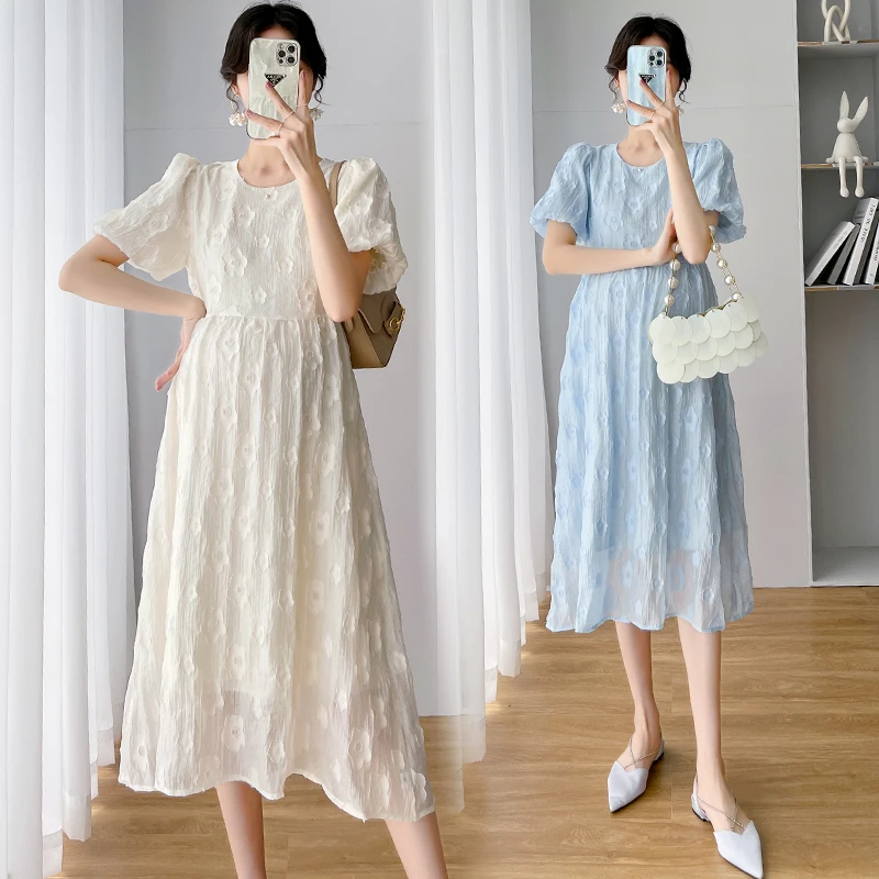 

5959# 2024 Summer Korean Fashion Maternity Long Dress Elegant A Line Loose Clothes For Pregnant Women Sweet Lovely Pregnancy