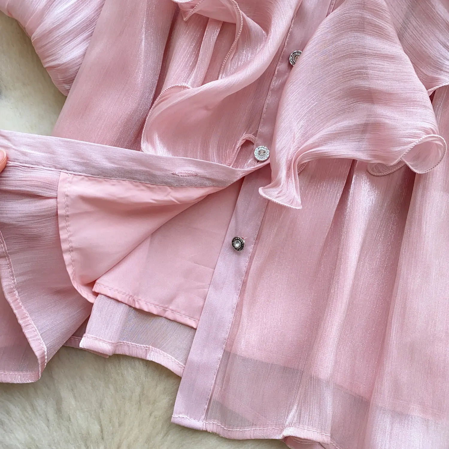 French Royal Style Blouse for Women Summer Satin Silk Short Sleeve Lantern Sleeve Ruffle Shirt Elegant Office Wear Female BL436 view 6