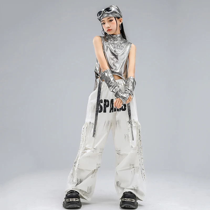 Neues Jazz-Outfit für Mädchen, K-Pop-Bühnenshow-Kleidung, silbernes Crop-Top, schwarze Baggy-Hose, Modell-Performance-Anzug, Street Dancewear 1990