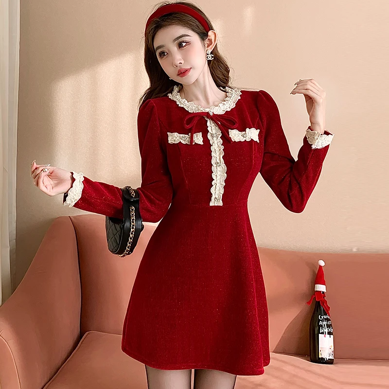 Spring Autumn Lace Patchwork Corduroy Mini Dress High Quality Women\'s Long Sleeve High Waist Slim Office Midi Clothing