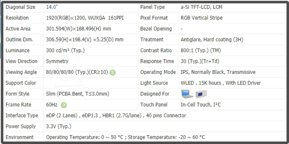 LP140WUA-SPB1 LCD 터치 스크린 디스플레이, IPS 패널, FHD 1920x1200, 인셀 터치, LP140WUA SPB1, 14 인치