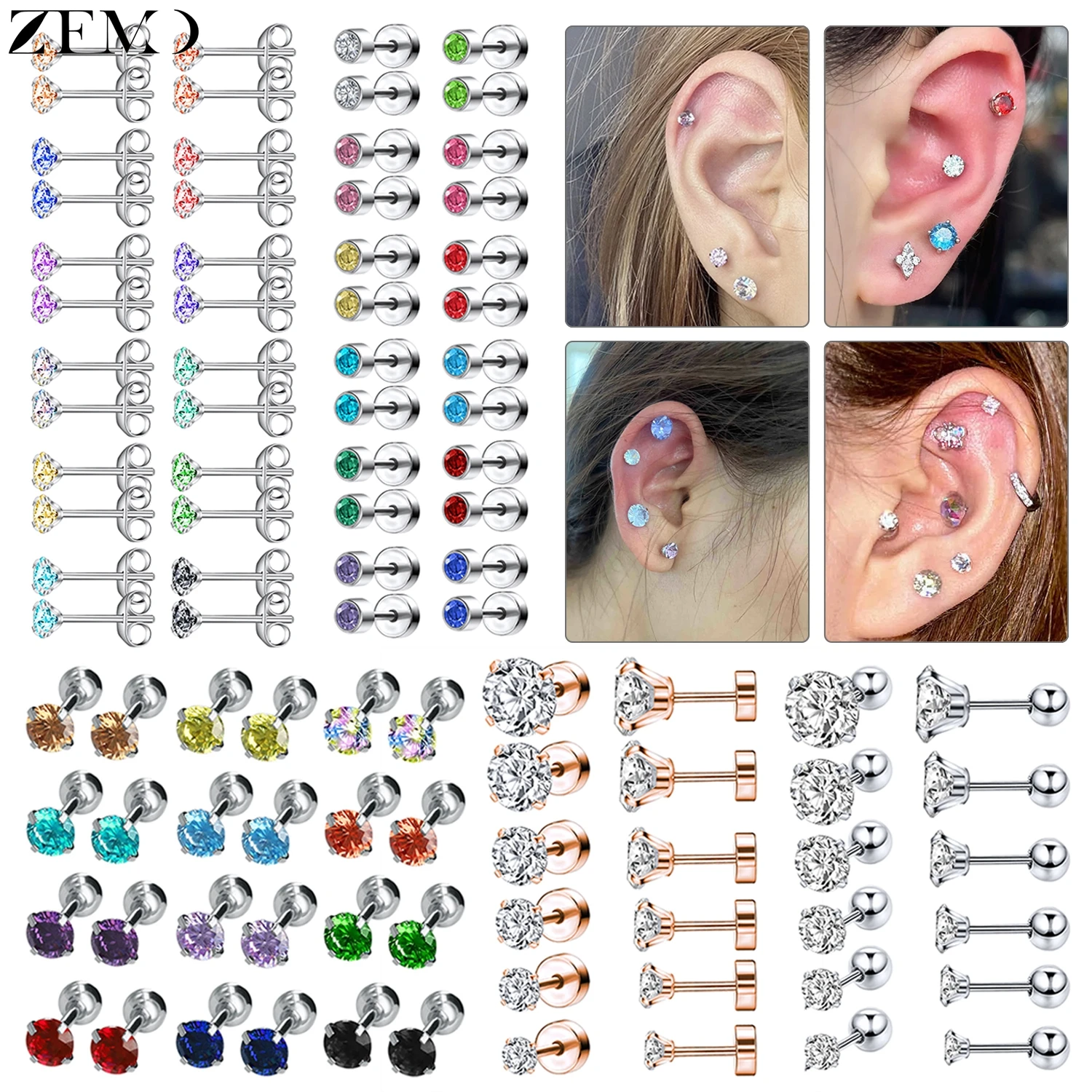 

ZEMO 6-12pairs/lot Stainless Steel Stud Earrings Mix Color Zircon Ear Studs Conch Cartilage Helix Piercing Jewelry Set 16/18/20G