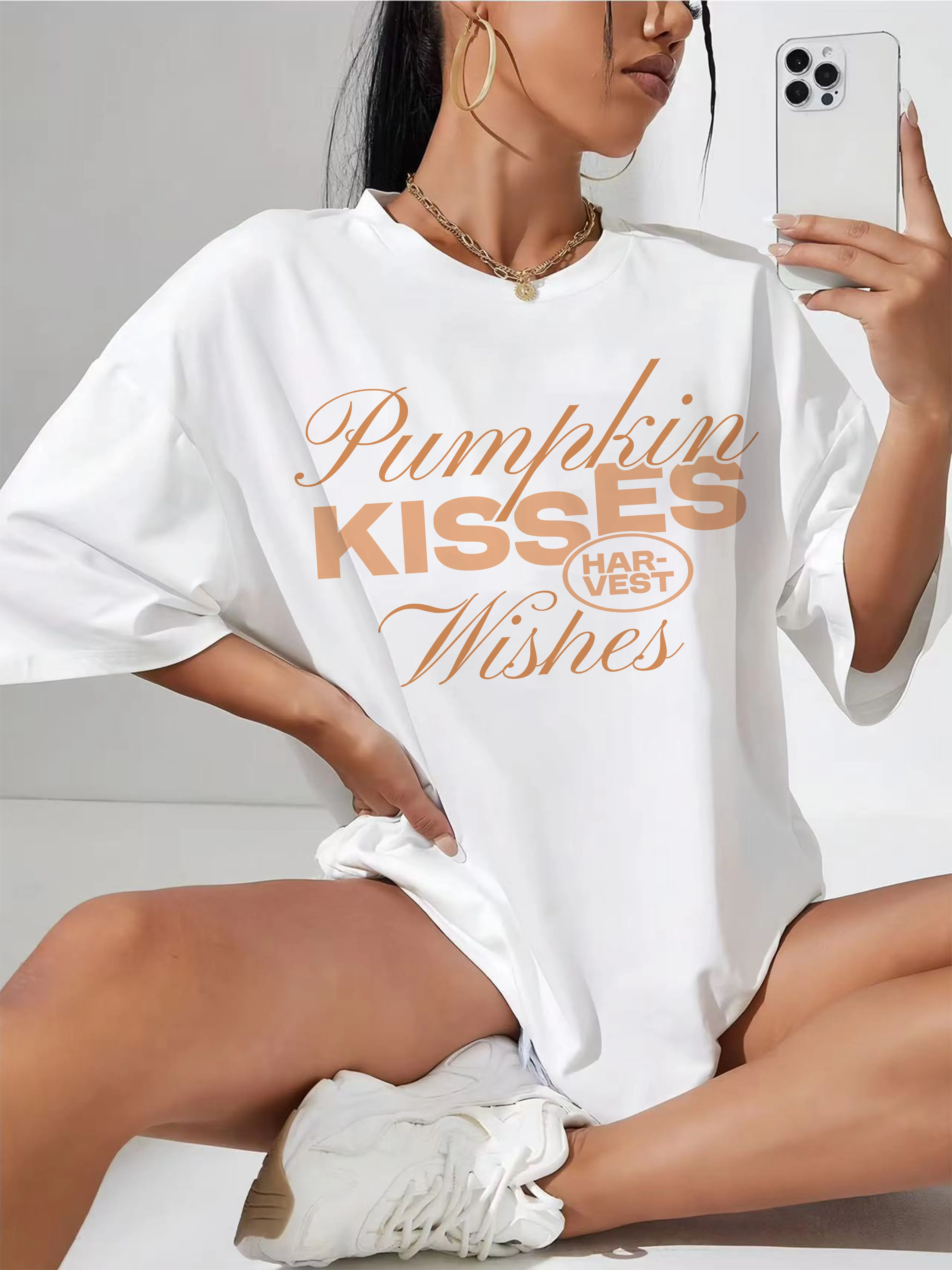 

PUMPKIN KISSES Women’s Plus Size White Round Neck Fall Shirt Comfortable Soft Autumn Clothes Halloween Holiday Outfits