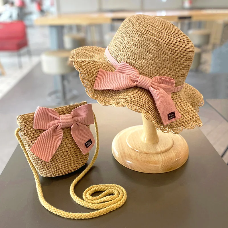 Summer Girls Beach Sun Hats Lotus Leaf Brim Cute Bowknot Outdoor Sun Protection Children Straw Cap Kids Girl Bag