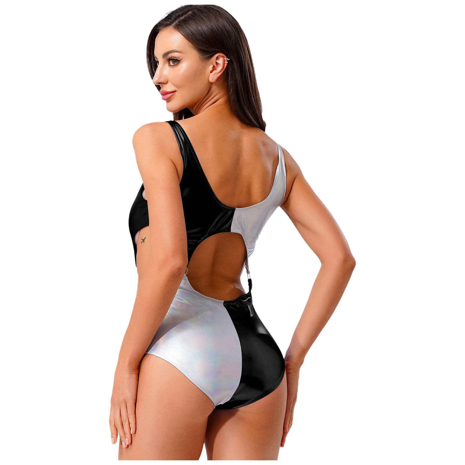 

Women One Pieces Pole Dancing Bodysuit Sleeveless Metallic Hollow Out Swimsuit Swimwear Party Club Pole Dance Performance Outfit