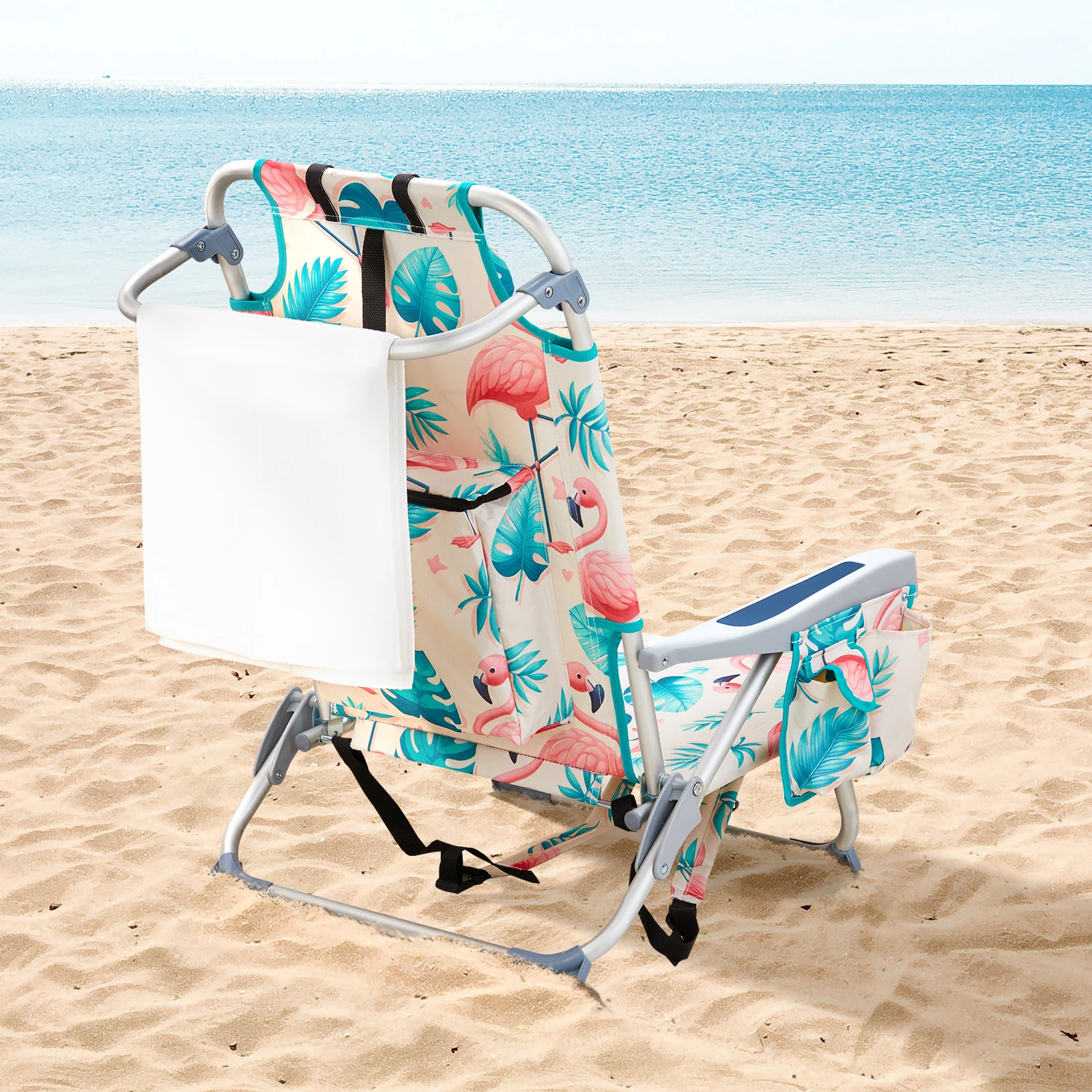 

63 * 65 * 82Cm flamingo pattern, aluminum beach chair, Oxford cloth, silver and white aluminum tube 100kg short N001
