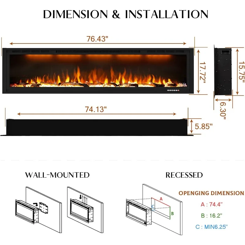 Elektrischer Kamin 74,9 cm, Wandmontage-Kaminheizung, Holzkristall, mehrfarbige Flammenkombinationen, Überhitzungsschutz