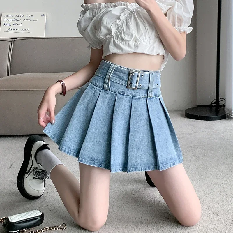 İlkbahar yaz yeni yüksek bel kadın Denim kısa etekler kuşaklı kot etekler kadın pileli seksi Mini etek Y2k etek