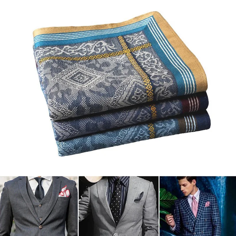 Pañuelo cuadrado de 3 piezas para hombre, pañuelo de Jacquard a cuadros, Floral, de algodón suave, para boda, cumpleaños