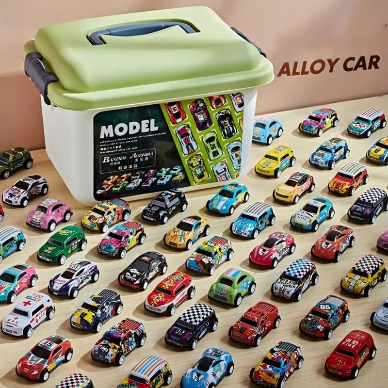 50pcs Alloy Car Model Set with Storage Box Mini Diecast Cars Toys for Boys Sliding Inertia Vehicle Children Toy Kit Kids Gifts