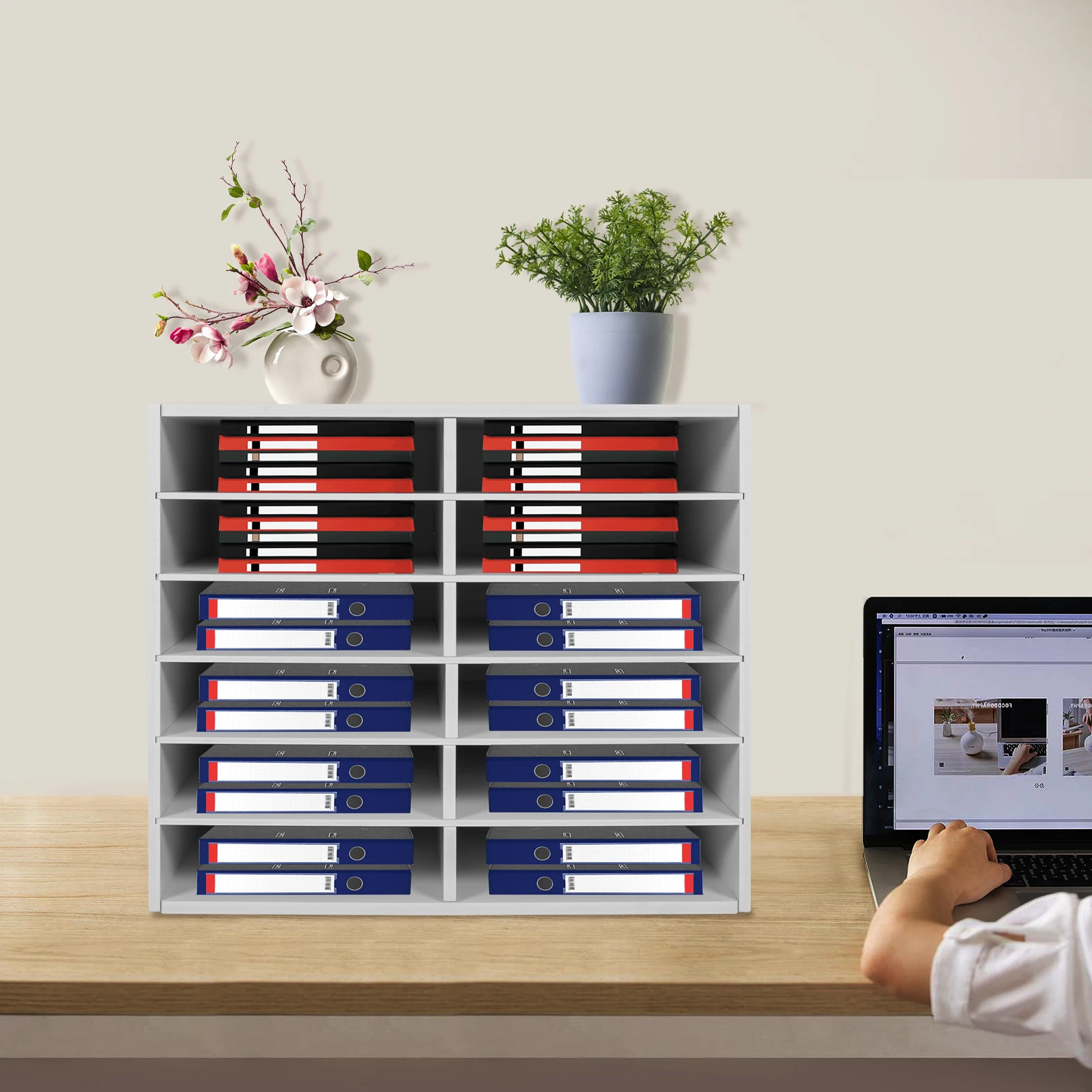 

12 Compartments Vertical Desktop Sorter, White Letter-size Shelves, Durable Laminate Finish for Studios, Craft Rooms, Mailrooms