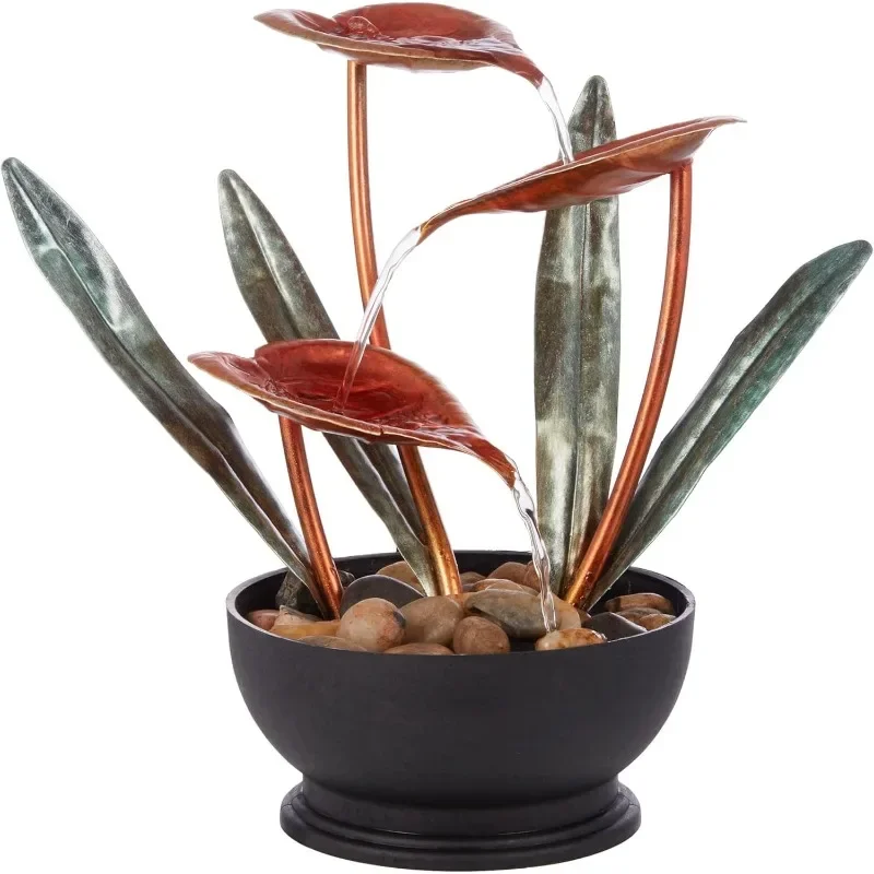 Indoor Tabletop Multi-Tiered Metal Tropical Leaf Water Fountain with Stone-Filled Base