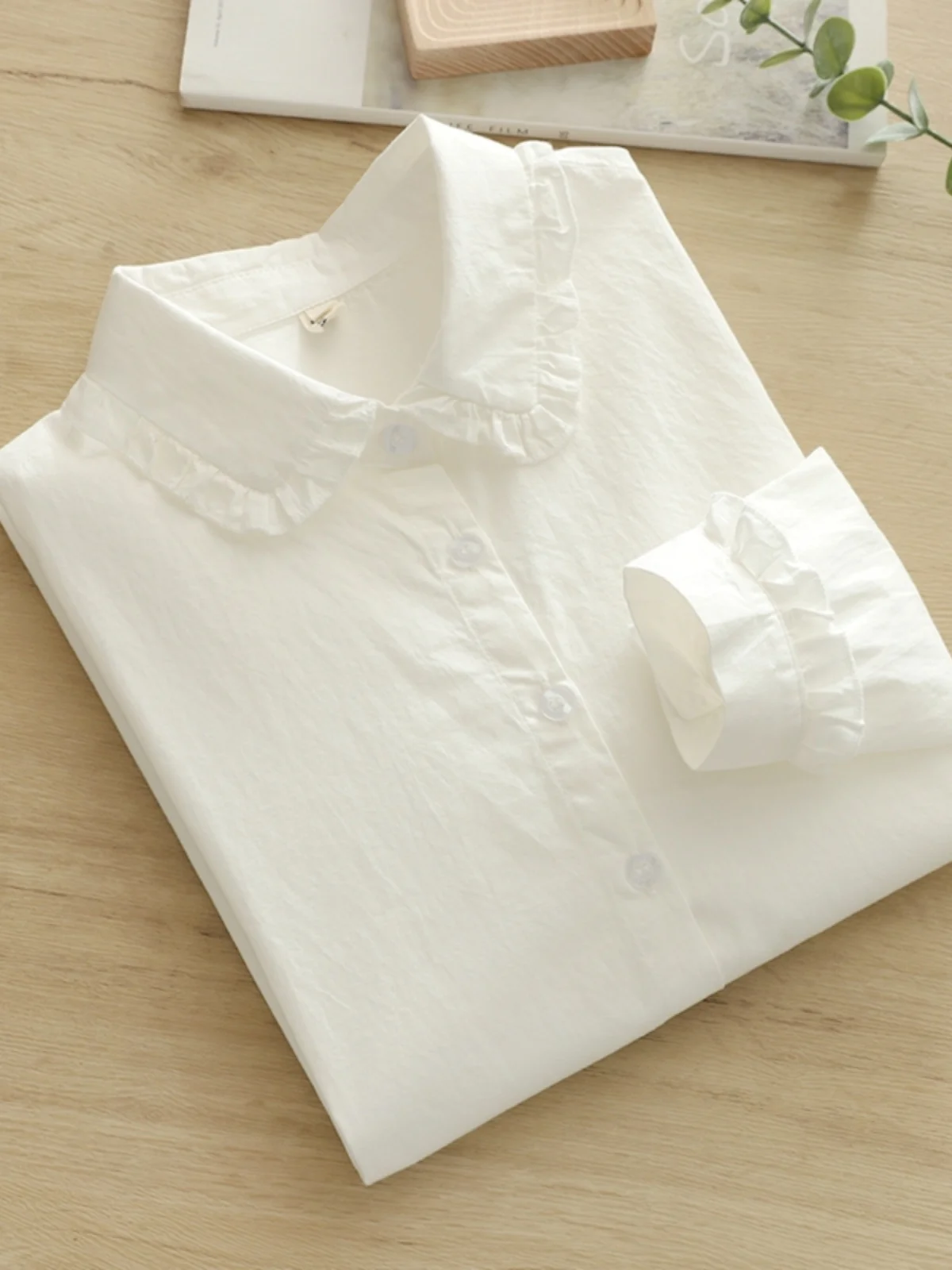 Korean-Style Artistic Fresh Ruffled Edge Doll Collar Pure Cotton White Shirt for Women, Long-Sleeve Versatile Layering Base Shirt for Students