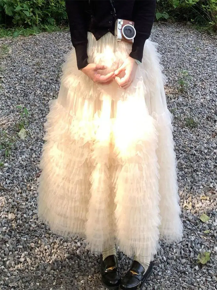 

New 2025 Heavy Work Me Puffy Cake Skirt in off White with Lace Hem Layered f Skirt Fairy Skirt for Autumn Winter