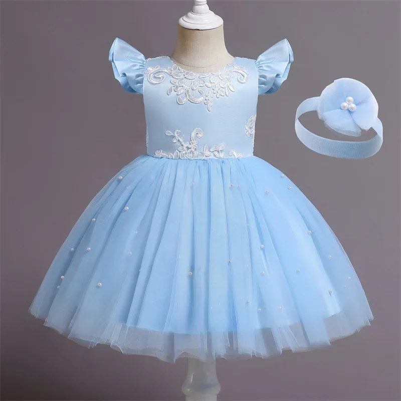 Baby Girl Dress for Wedding Evening Formal Gown Lace Big Bow Beading Tulle Dress Infant Girls 1st Birthday Baptism Party Dresses