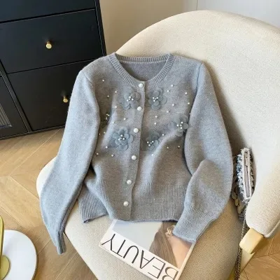 Elegant Ladies Short Jacket Flower Sweater Women's Autumn Winter New Korean Sweet Heavy Industry Bead Knitted Cardigan Top