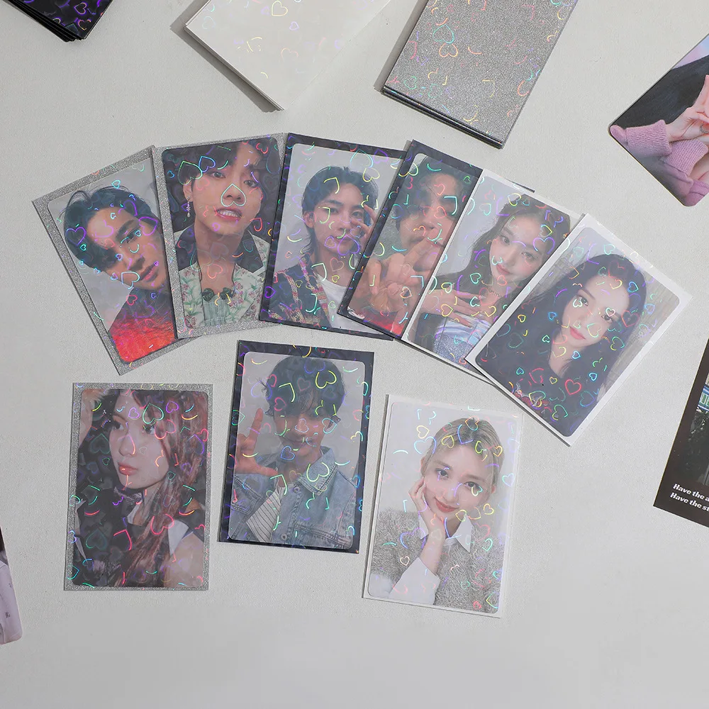 50pcs Girl Heart Laser PP Transparent Card Sleeve Student 3 Inch Photocard Holographic Protector Anime Flash Card Cover